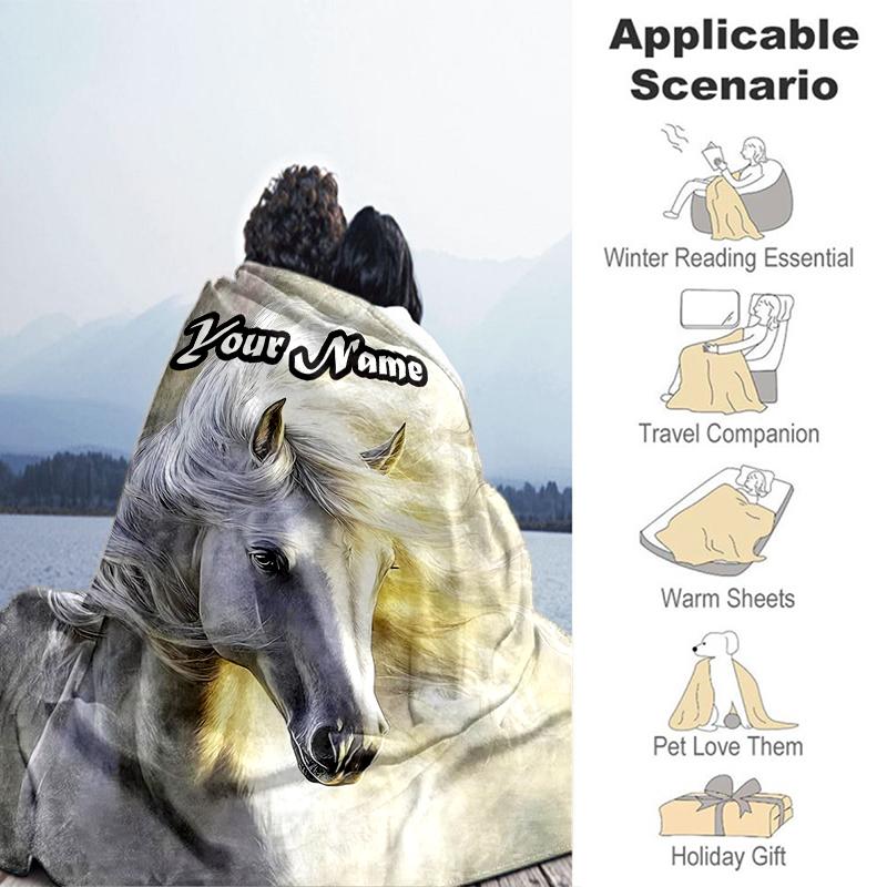1PC Custom Name Ethereal Horse Portrait Flannel blankets Patterns Throw Blanket All-Season Soft Gift for Couch, Bed, Camping gifts