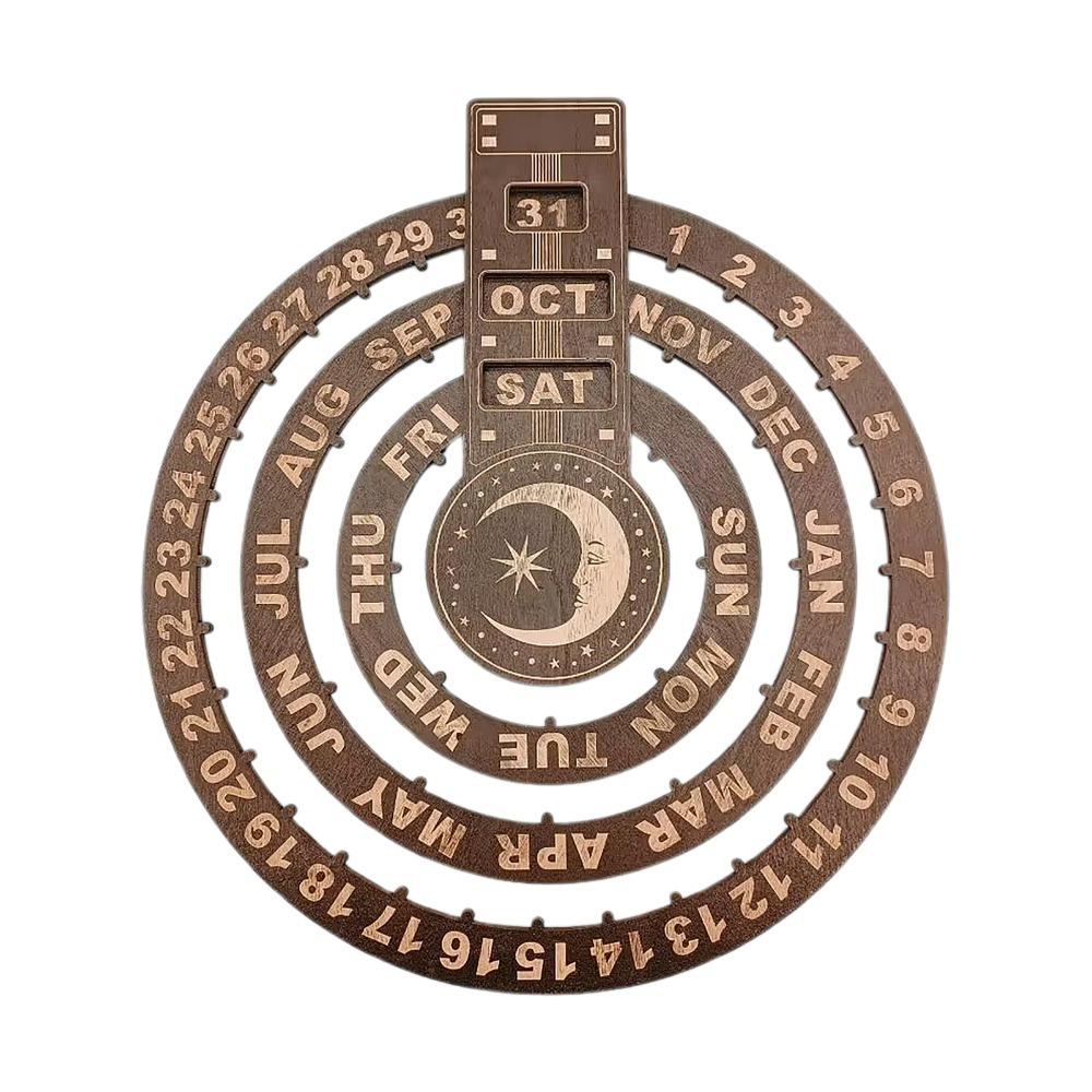 12.01X10.83in Wooden Perpetual Calendar Moon Phase Display Round Dial Rotating Calendar Adjustable Day/Month/Week Circular Disc
