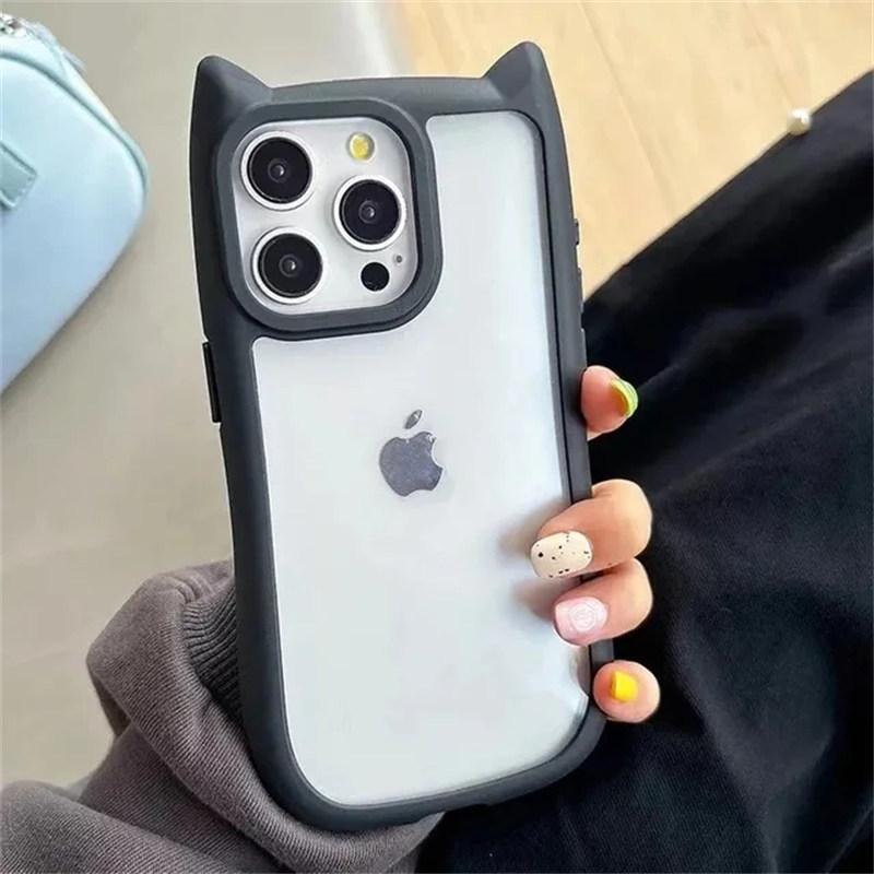 Soft Silicone Cute Cat Ear Phone Case For iPhone 11 12 13 14 15 Pro Max Transparent Shockproof Hard Acrylic Bumper Back Cover