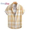 Мужская бежевая рубашка с крупным клетчатым принтом, мужская рубашка с коротким рукавом, лето 2025 г.