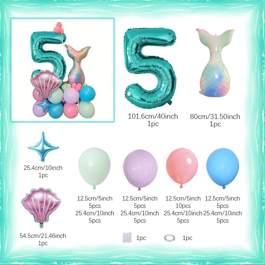 Mermaid Shell Themed Balloon Set with Numbers 1-9th Blue Purple Pink Latex Foil Balloons for Girl Princess Birthday Party Decor