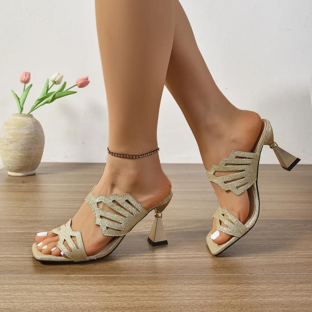 Comfortable Fashionable High Heel Sandals Large Size Summer New Style Korean Version Hollow Out Middle-Aged Women Slippers