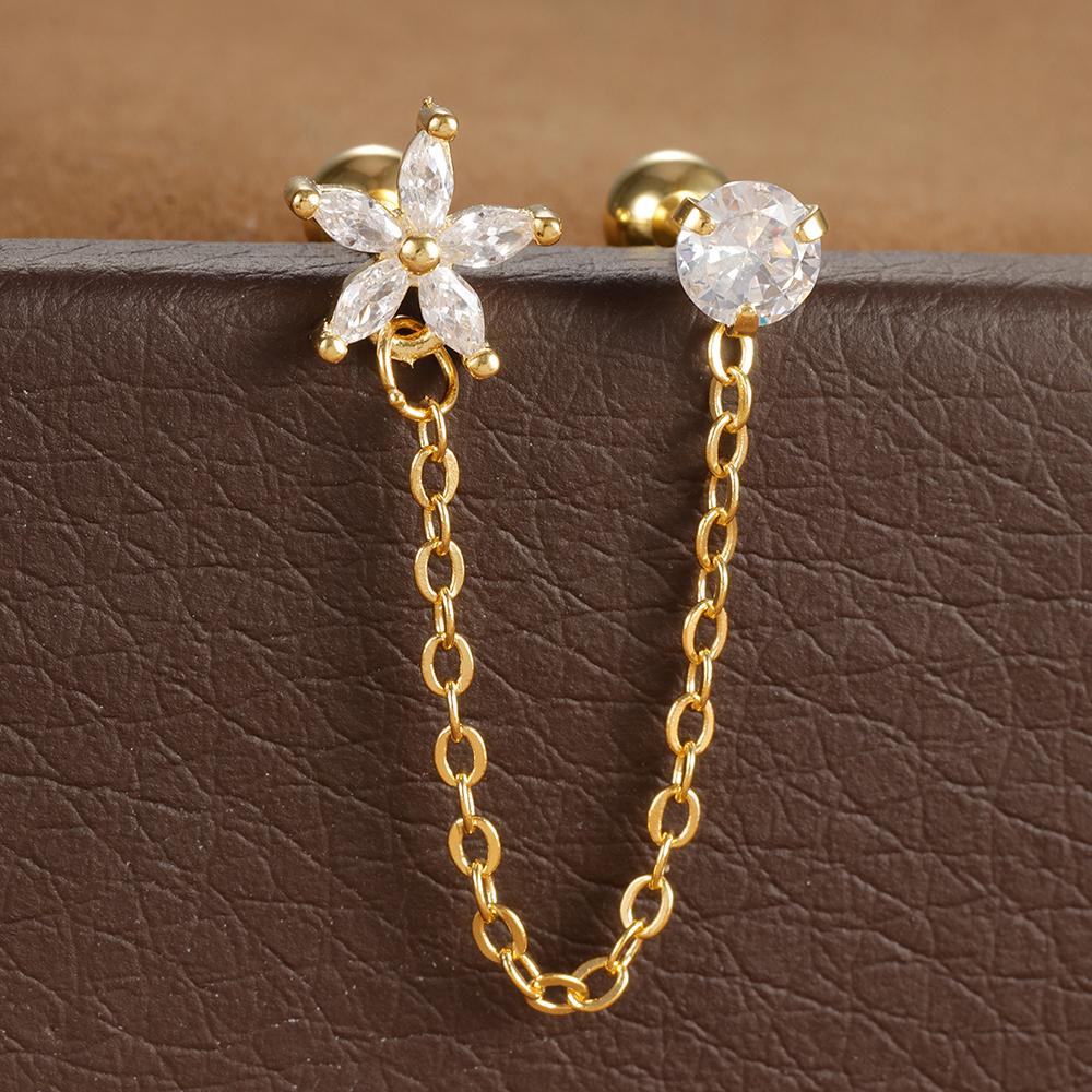Stainless Steel Zircon Crown Stud Earrings For Women 18K Gold Plated Double Studs Chain Tassel Piercing Earring Fashion Jewelry
