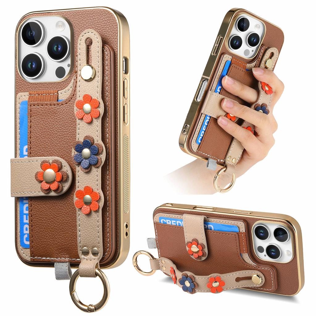 Card Holder Ring Wrist Strap Leather Phone Case for iPhone 16 15 14 13 12 11 Pro Max Plus Protective Shockproof Cover