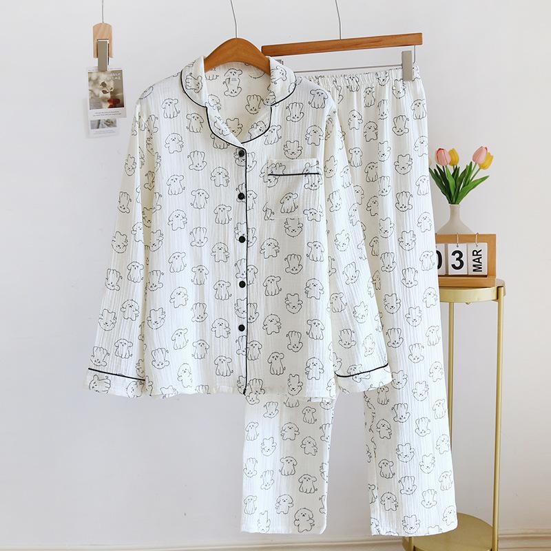 2026 Новый Весенне-Осенний Женский Пижамный Комплект 100% Хлопок Креп Милый С Длинным Рукавом Брюки Двойка С Принтом Свободный Домашний Фьюри