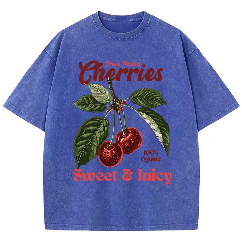 Fresh Picked Cherries Cottonwashed T Shirts Women Sweet Fruit Print T-Shirt Distressed Oversize O-Neck Tops Street Woman Clothes