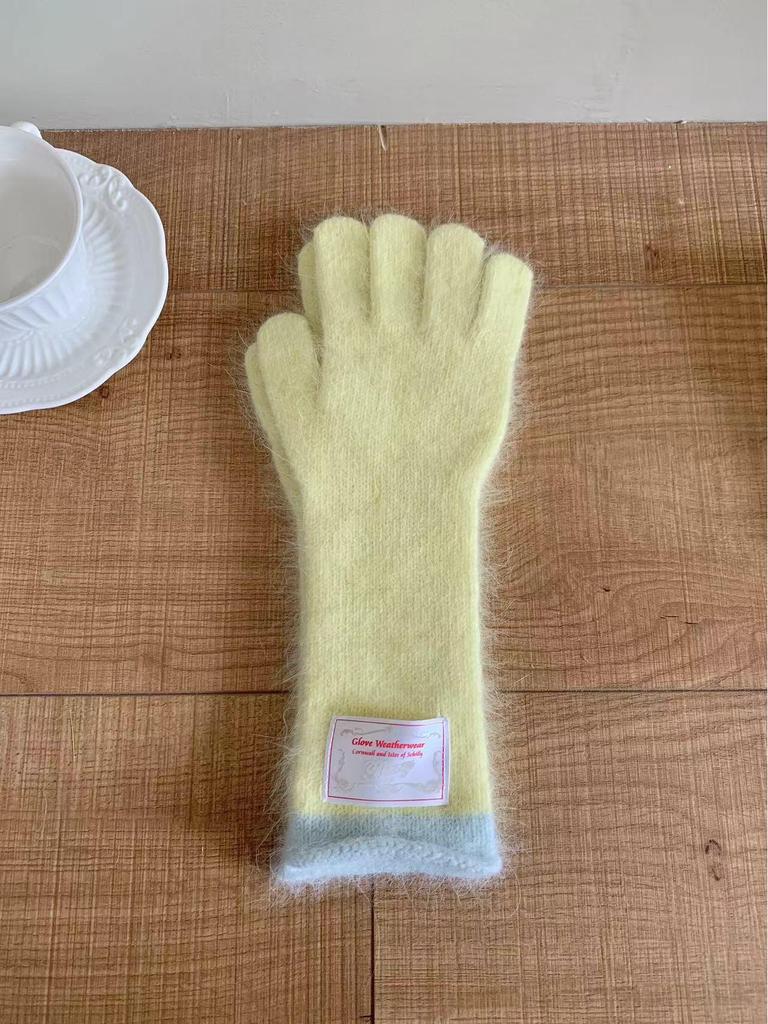 Women's Korean Style Colorblock Wool Long Gloves - Warm, Windproof, Five-Finger Design for Winter Cycling