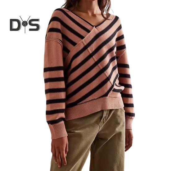 Женский свитер с длинным рукавом, полосатый, цветной, трикотажный свитер с V-образным вырезом, свободный пуловер, джемпер, топы, повседневная одежда