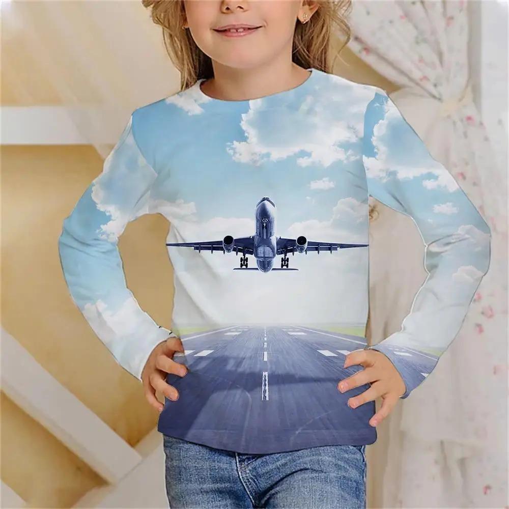 Children's Airplane 3D Digital Printing Girl Fun and Fashionable Round Neck Long Sleeved T-shirt