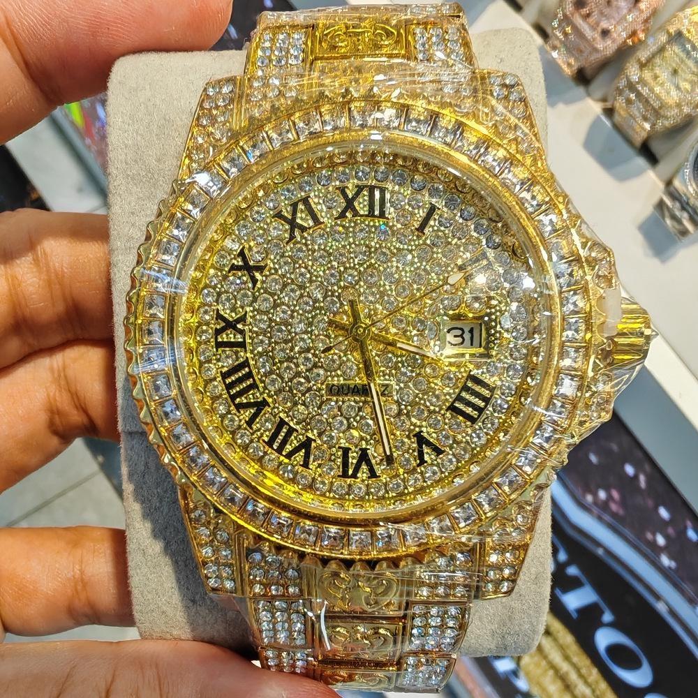 Full Diamond Hip Hop Iced Out Bling Quartz Watch Men High Quality Fashion Calendar Wristwatch