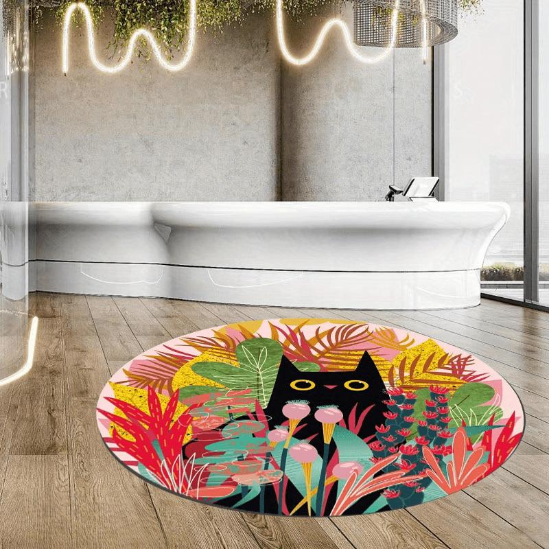 Chic Black Cat & Plant Design Round Rug - Non-Slip, Machine Washable Faux Fleece Carpet for Living Room, Entryway and Home Decor