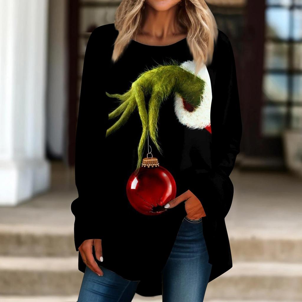 Women's Casual Plus SizeLong Sleeved Round Neck Christmas Printing T-shirt Top Pullover