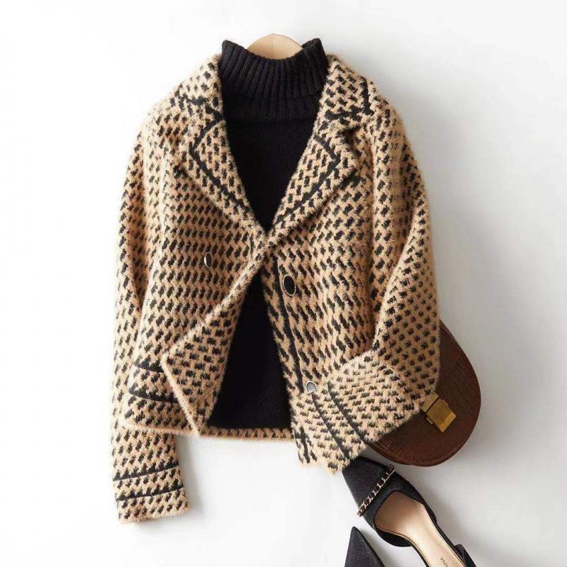 Jackets Women's Autumn Winter Small Fragrance Short Coat Female Style Vintage Houndstooth Knitted Cardigan Outwear Tops