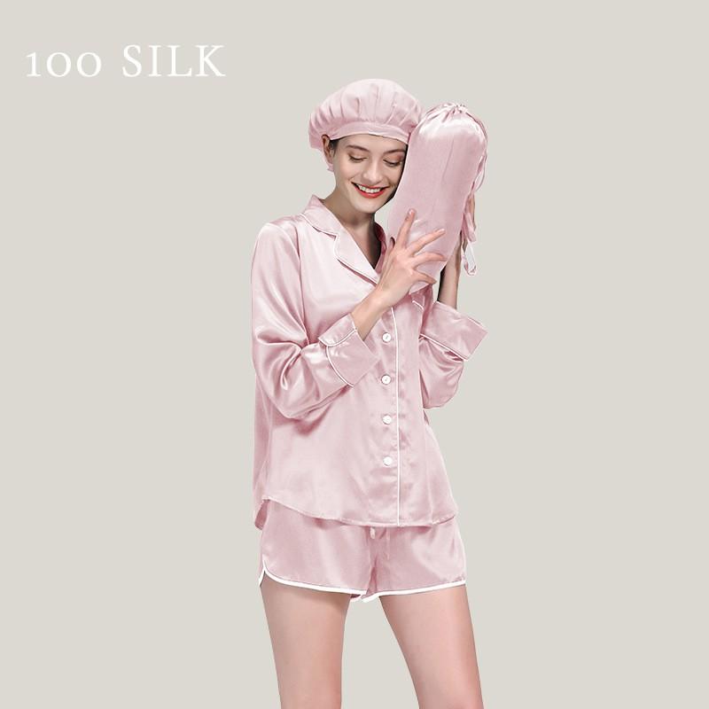 Womens 100% Pure Mulberry Silk Pajama Set Long Sleeve Short Pants Lightweight Sleepwear Loungewear French Style