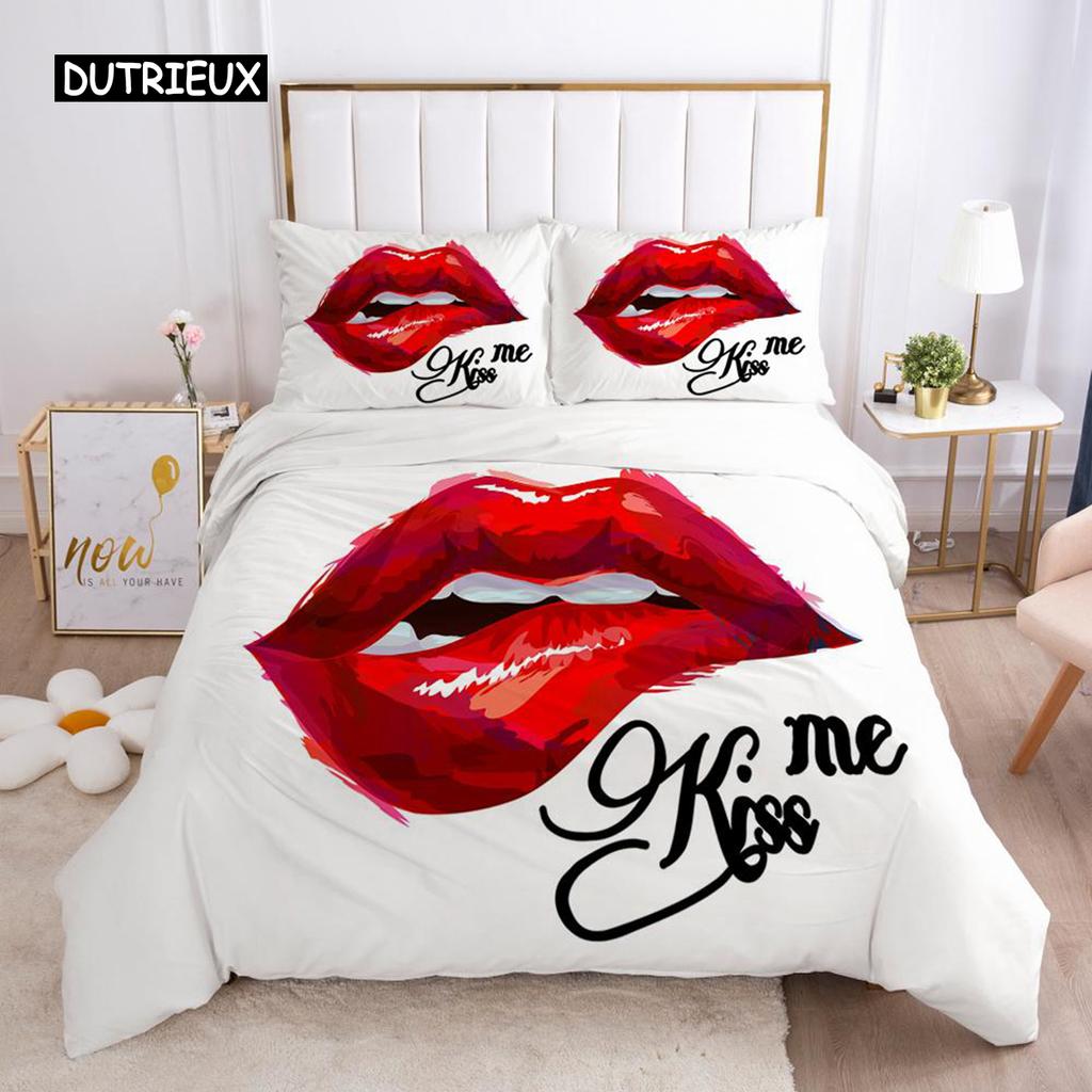 Красные Губы Комплект Постельного Белья Размер Queen Polyester Любовь Односпальный Размер Комплект Постельного Белья для Сна Сексуальная Тема Взрослая Пара Пододеяльник 3D Дизайн Следы Поцелуев Одеяло