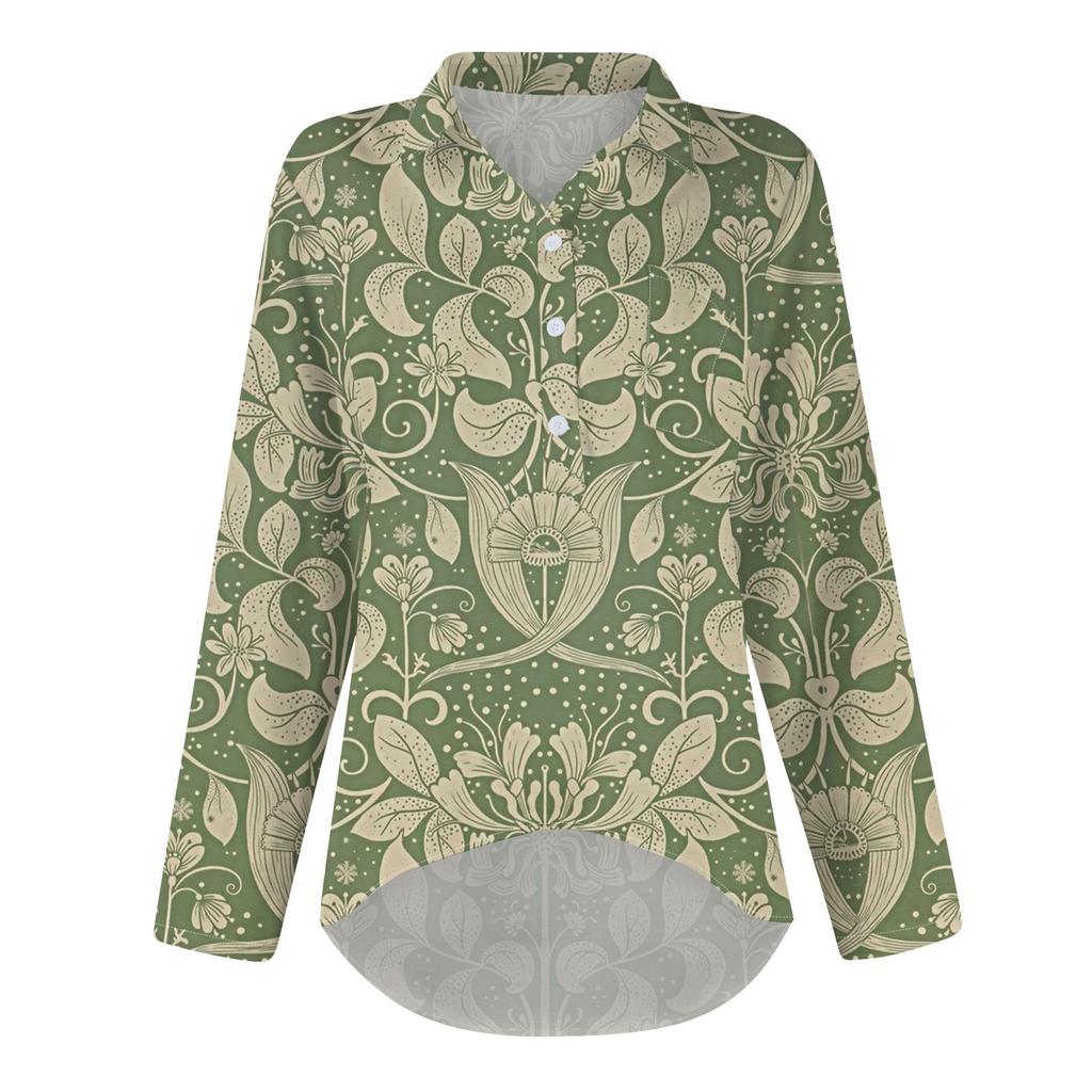 Женская рубашка-блузка с длинными рукавами и принтом на пуговицах, повседневный подол, нестандартный воротник рубашки