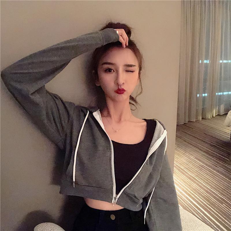 Новая весенне-осенняя корейская версия, короткое пальто с капюшоном на молнии, тонкий однотонный женский свитер