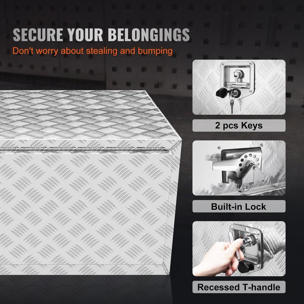 Underbody Truck Box, 60"×24"×24" Pickup Storage Box, Heavy Duty Aluminum Diamond Plate Tool Box with Lock and Keys, Waterproof Trailer Storage Box