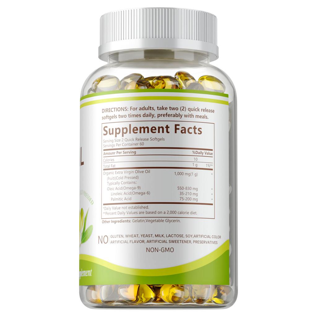 Extra Virgin Olive Oil Capsules, 1000mg, natural plant-based nutrition, immune support, suitable for adults.