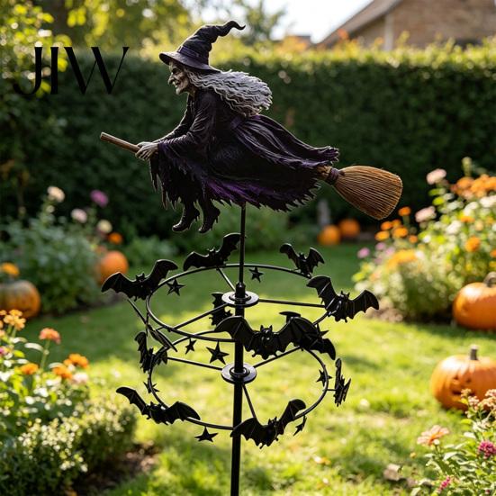 Decorative Wind Spinner Garden Witch Spinner, Halloween Yard Art Metal Outdoor Whimsical Silhouette Stake, Flying for Lawn Patio Pathway Fall