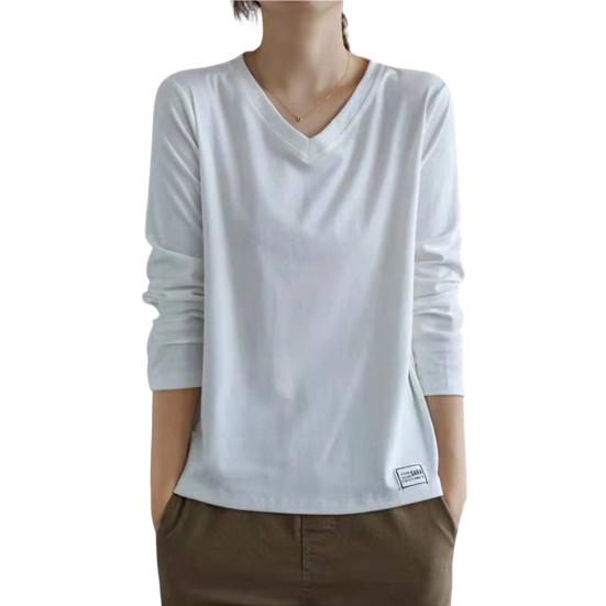 Женский топ с V-образным вырезом и длинными рукавами, женская однотонная футболка, уличная одежда