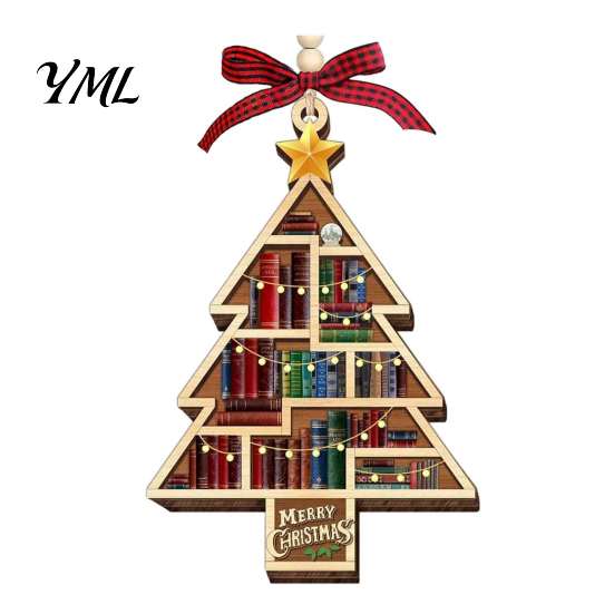 Wooden Book Tree Decoration Christmas Hollowed Pendant, Cross/Christmas Hanging Ornament, Decorative Bookish Pendant Plaid Bow Decor Craft for