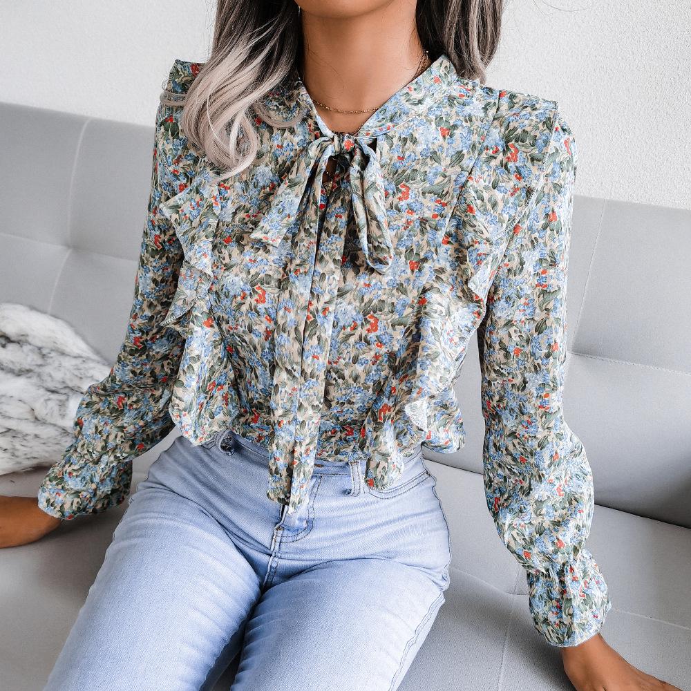 Women's Fall and Winter Casual Lace-up Ruffled Floral Chiffon Shirt