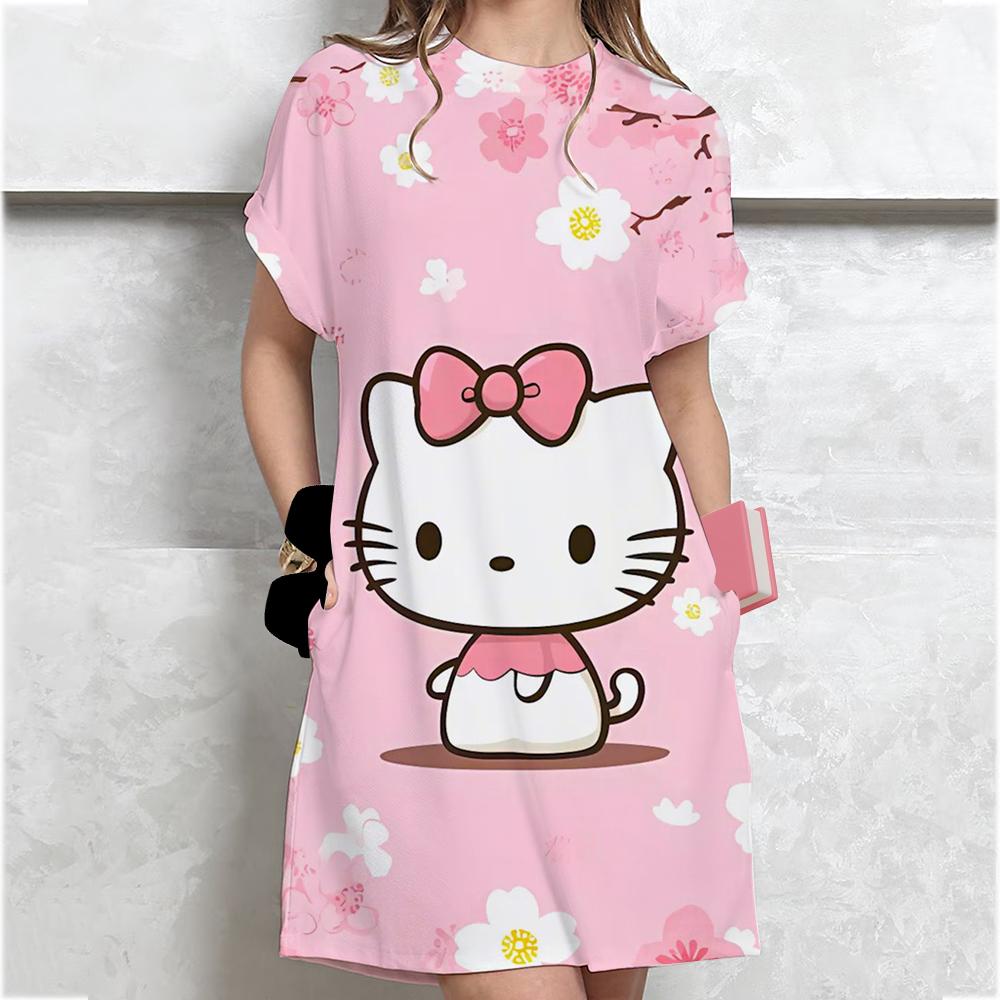 Женское Повседневное Платье-футболка с коротким рукавом Винтажный принт Hello Kitty Свободное Мини-платье Элегантное Простое Мини-платье Streetwear Сарафан