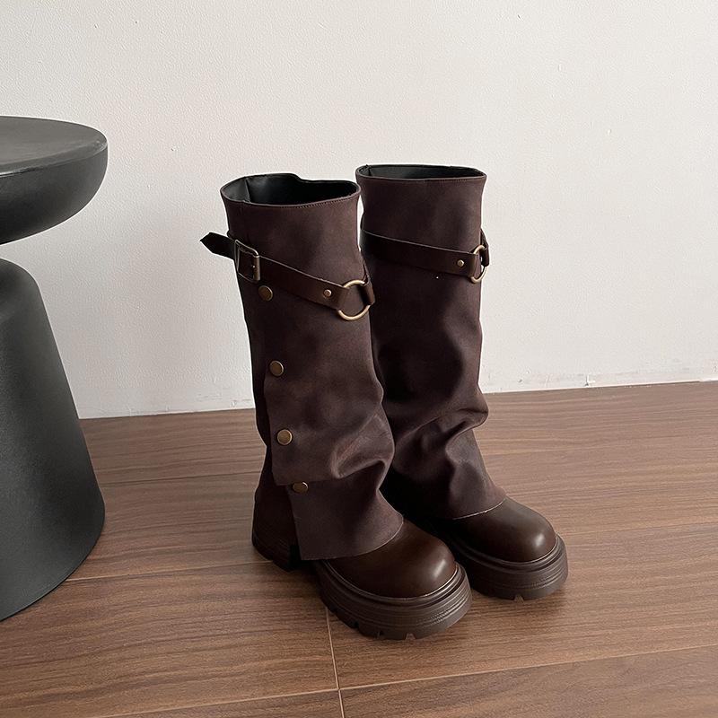 Черные ретро ботинки на толстом каблуке и платформе женская обувь 2025 новая осень британский стиль тонкие ботфорты до колена