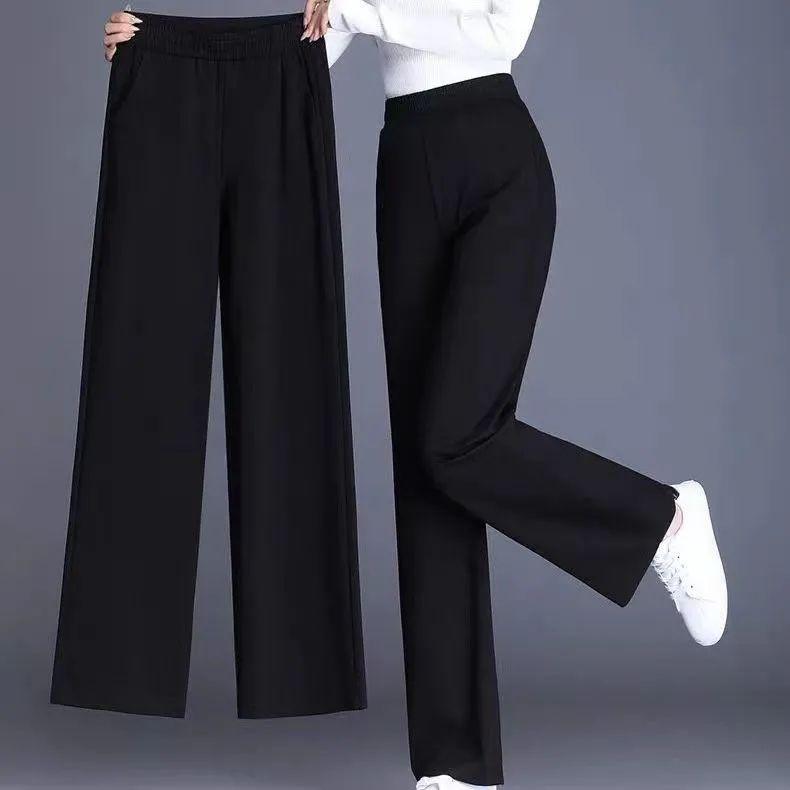Women's Spring Summer and Autumn Four Seasons Thin Section Nine-minute Trousers Wide Leg Solid Colour with Pockets Trousers