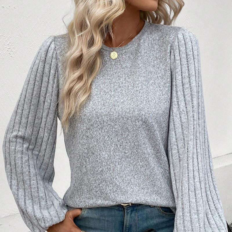 Женские модные повседневные весенне-осенние однотонные блузки и рубашки с круглым вырезом с длинными рукавами и принтом