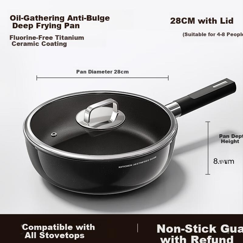 Royalstar Titanium Non-Coated Non-Stick Frying Pan 28cm with Lid for Steak, Induction Cooker, Gas Stove, Deep Skillet