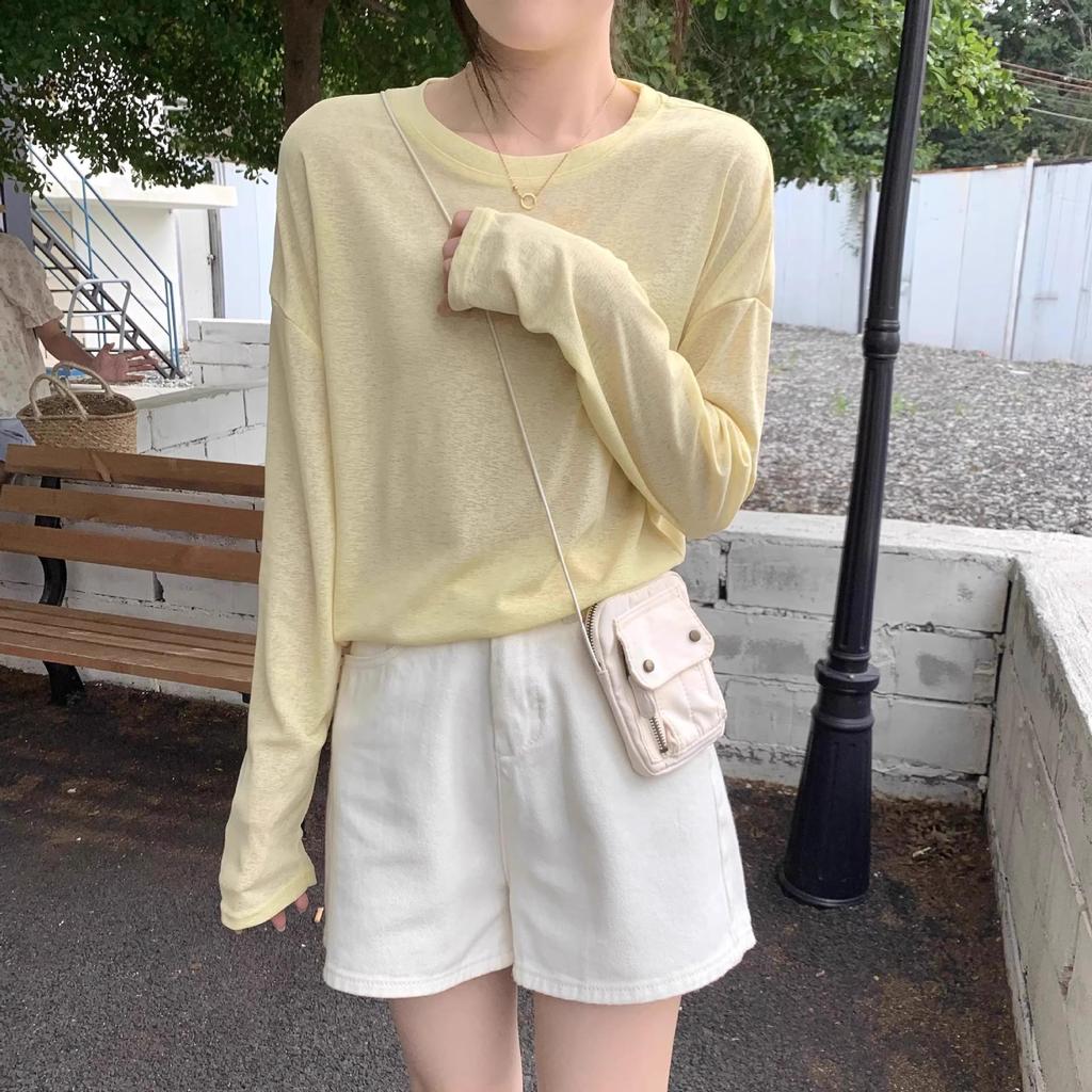 Женская прозрачная желтая футболка с длинными рукавами и солнцезащитным кремом — простая, свободная, с круглым вырезом