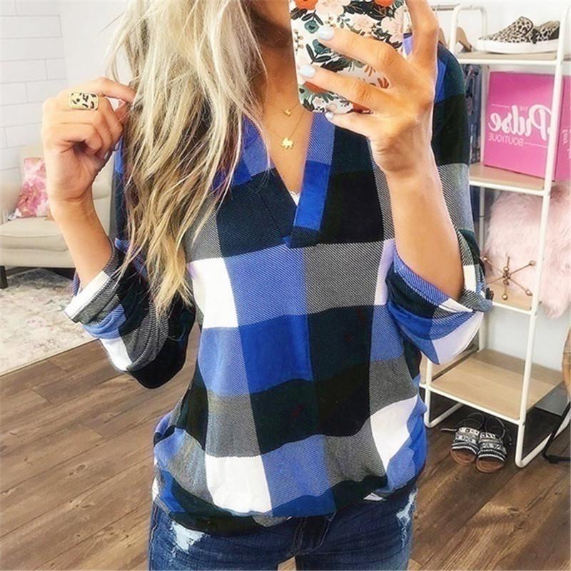 Women's Spring Autumn Shirt Checkered Printed V-neck Long Sleeved Top Blouses