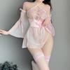 Chinese Ancient Style Cute Floral See Through Halter Dress Pink Kimono Backless Sexy Lingrie Women Outfit Costume
