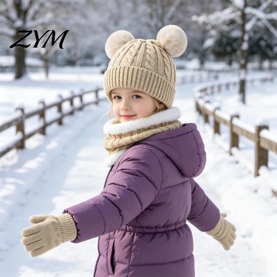 Boys Girls Thermal Neck Gaiter Kids Winter Warm Knit Set, Bear Ear Hat, Fleece Lined & Cold Weather 3 Piece Set Full Finger Gloves, Thick Outdoor