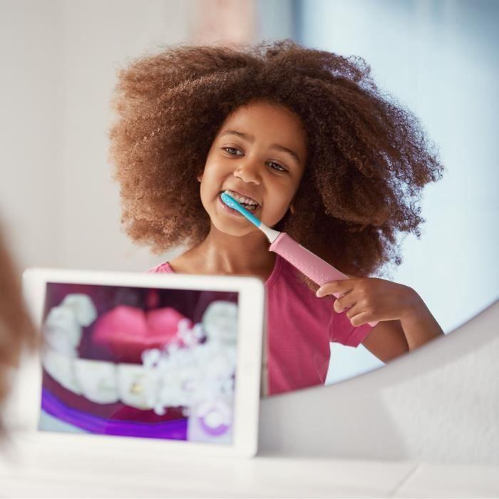 Brosse à dents électrique connectée PHILIPS SONICARE HX6352/42 pour enfant (2 modes 3+ et 7+ - Rose)+ 2 têtes de brosses