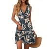 Women's Dress V-neck Sleeveless Casual Floral Print Hem Pleated Dress