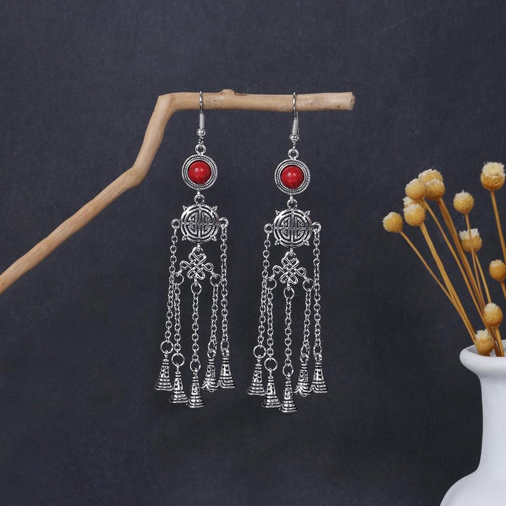 European and American Retro Hollow Turquoise Tassel Bohemian Earrings for Women