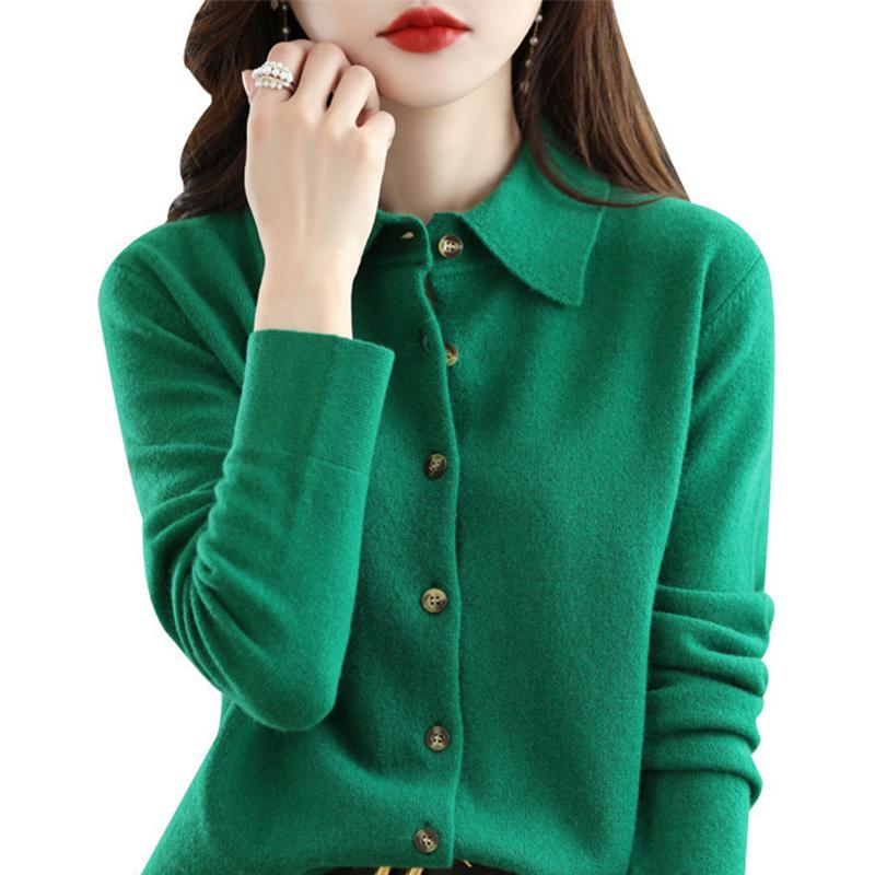 Four Seasons Sweater Cardigan Wool Blend Autumn and Winter Women's Loose Polo Lapel Tops Knitted Cardigan