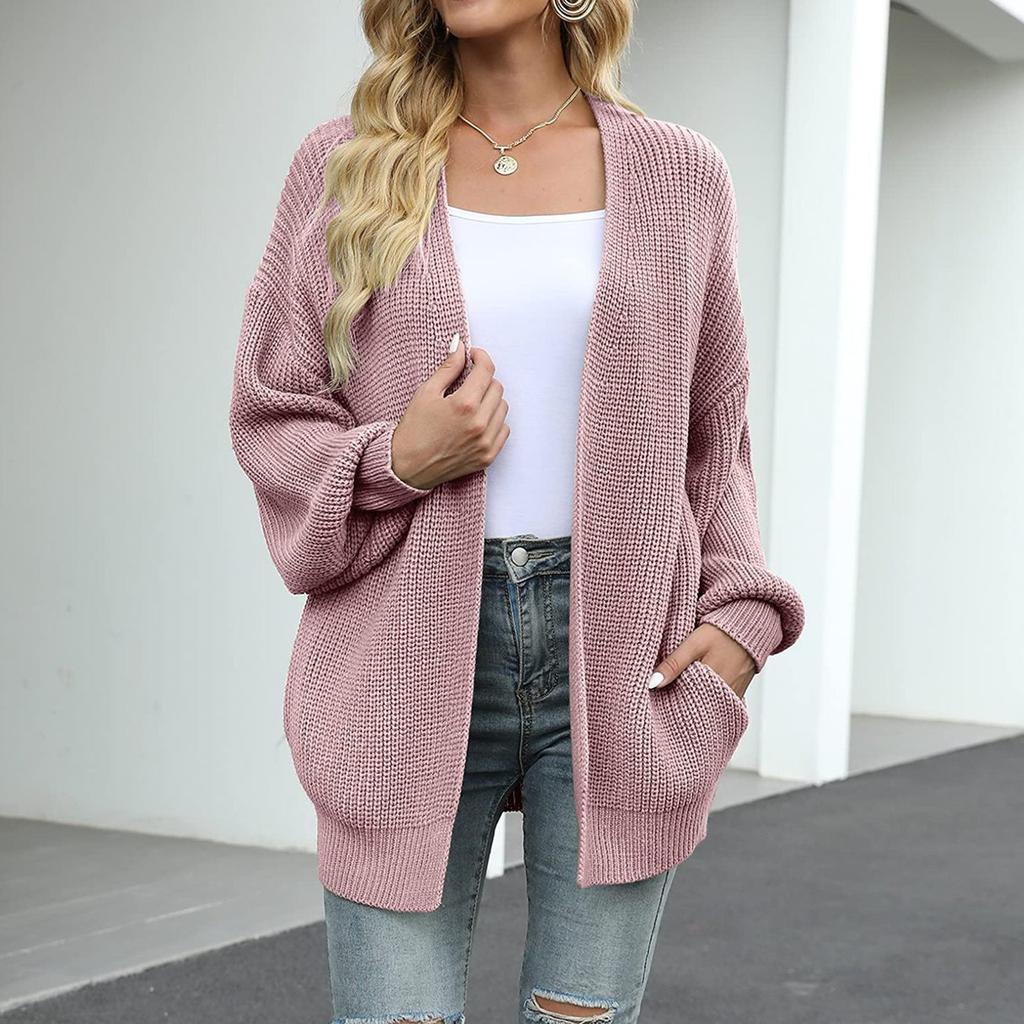 Women's Solid Color  Sleeve Coarse Wool Pocket Knitted Cardigan Sweater Sweater For Women