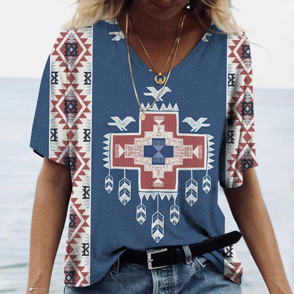 Летние женские футболки, этнический костюм, 3d рубашки, футболки, повседневная уличная одежда в стиле Харадзюку, большие топы с v-образным вырезом, винтажная женская одежда