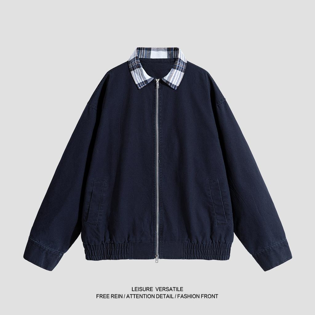 Retro Jacket Men's Spring and Autumn Plaid Lapel Pure Cotton Work Clothes Washing Old Jacket Loose Top