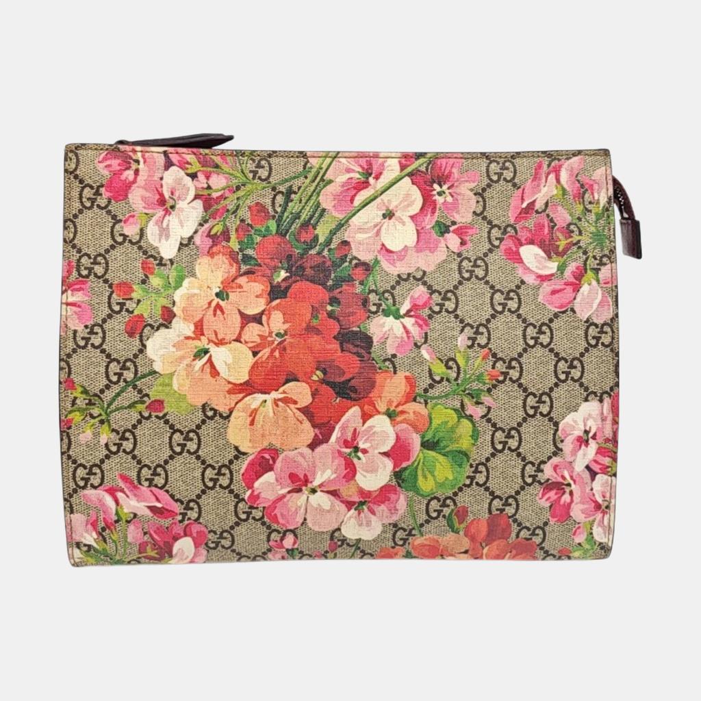 [Pre-Owned] GG Blooms Logo Canvas And Leather Clutch Bag Large - Very Good #184M48X