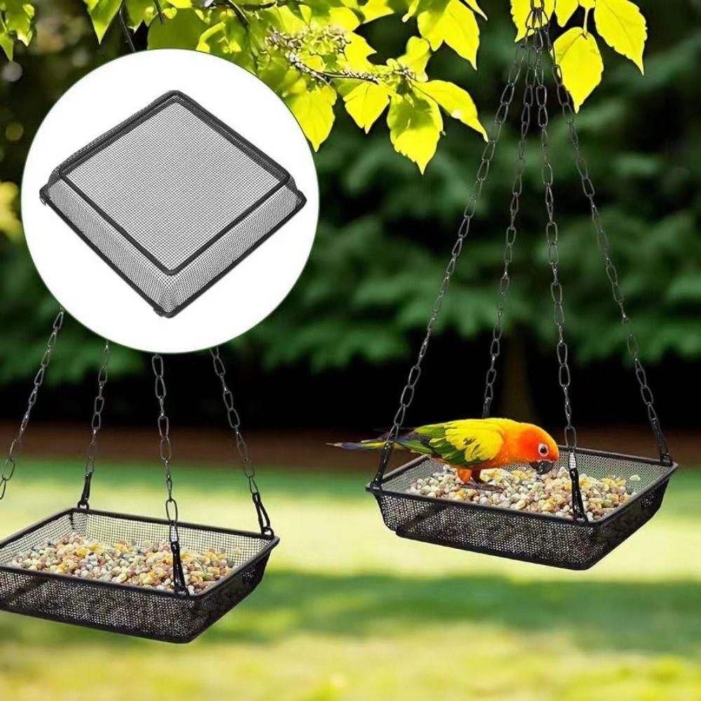 Metal Mesh Hanging Bird Feeder Large Capacity Square Bird Suspended Feeder with Hook Bird Feeding Tray Balcony