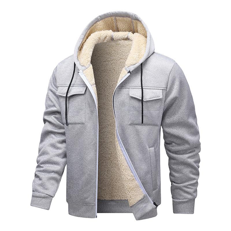 Men's Autumn and Winter Lamb Wool Thick Hooded Sweatshirt Cardigan Workwear Warm Jacket