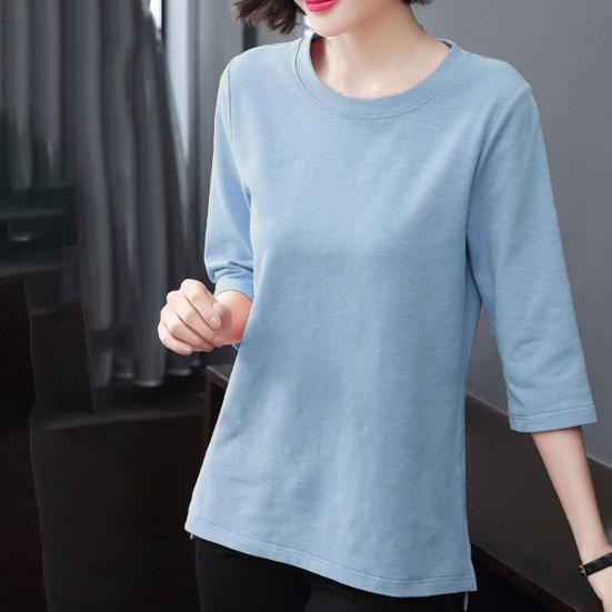 Women Tops O-Neck 3/4 Sleeve Solid Color Elastic Pullover Tops Regular Fit Summer T-shirt Daily Wear