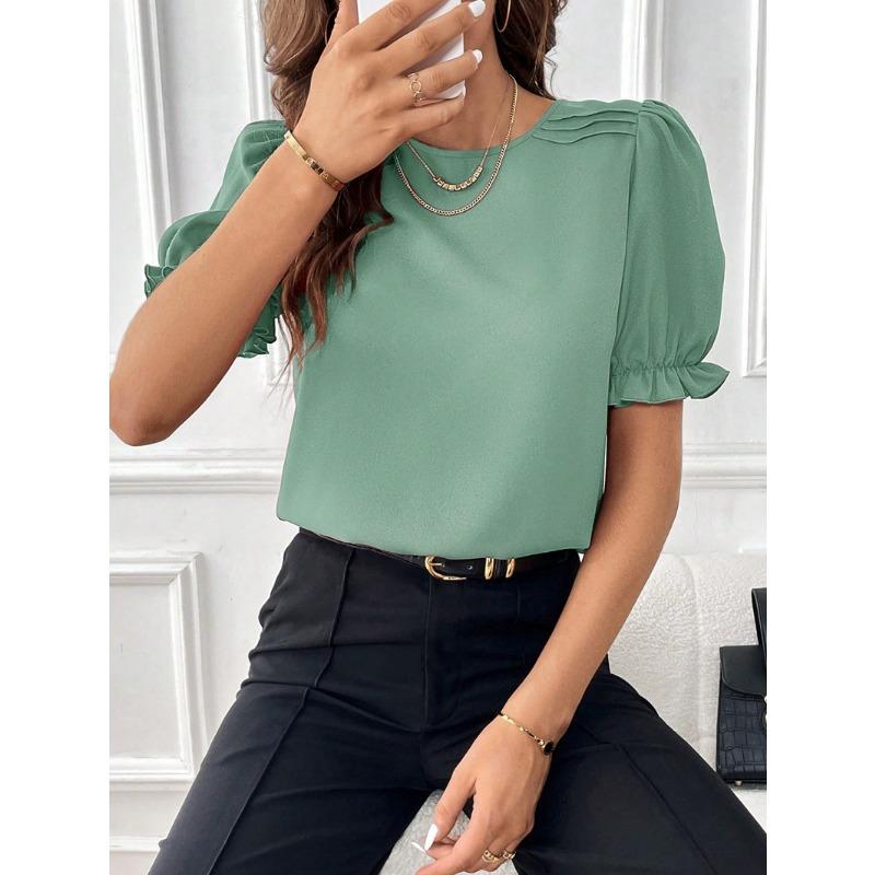 Женские модные повседневные летние весенние однотонные блузки и рубашки с короткими рукавами и круглым вырезом с принтом