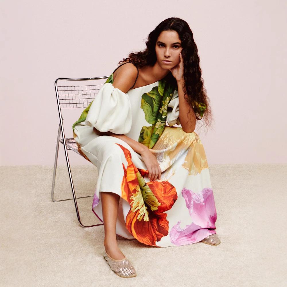 European and American spring and summer new slanted shoulder positioning printed dress INS casual vacation loose dress