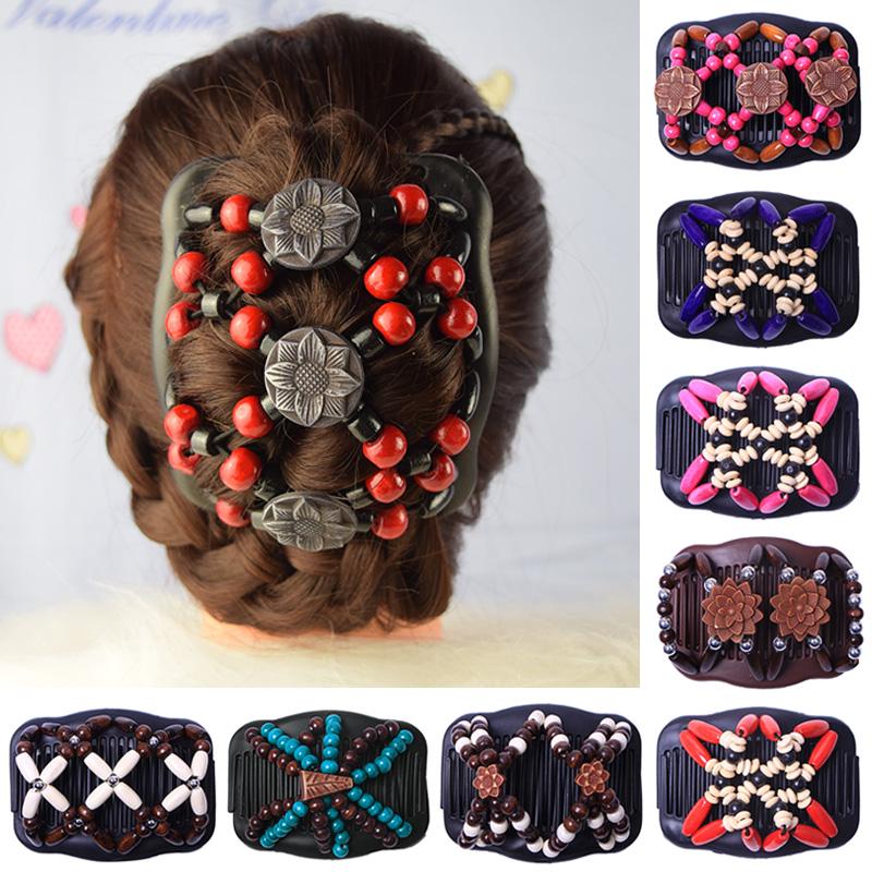 1Pcs Hair Comb Magic Double Slide Accessories Hair Clip Vintage Wood Beads Women Hairpin Stretchy Decoration